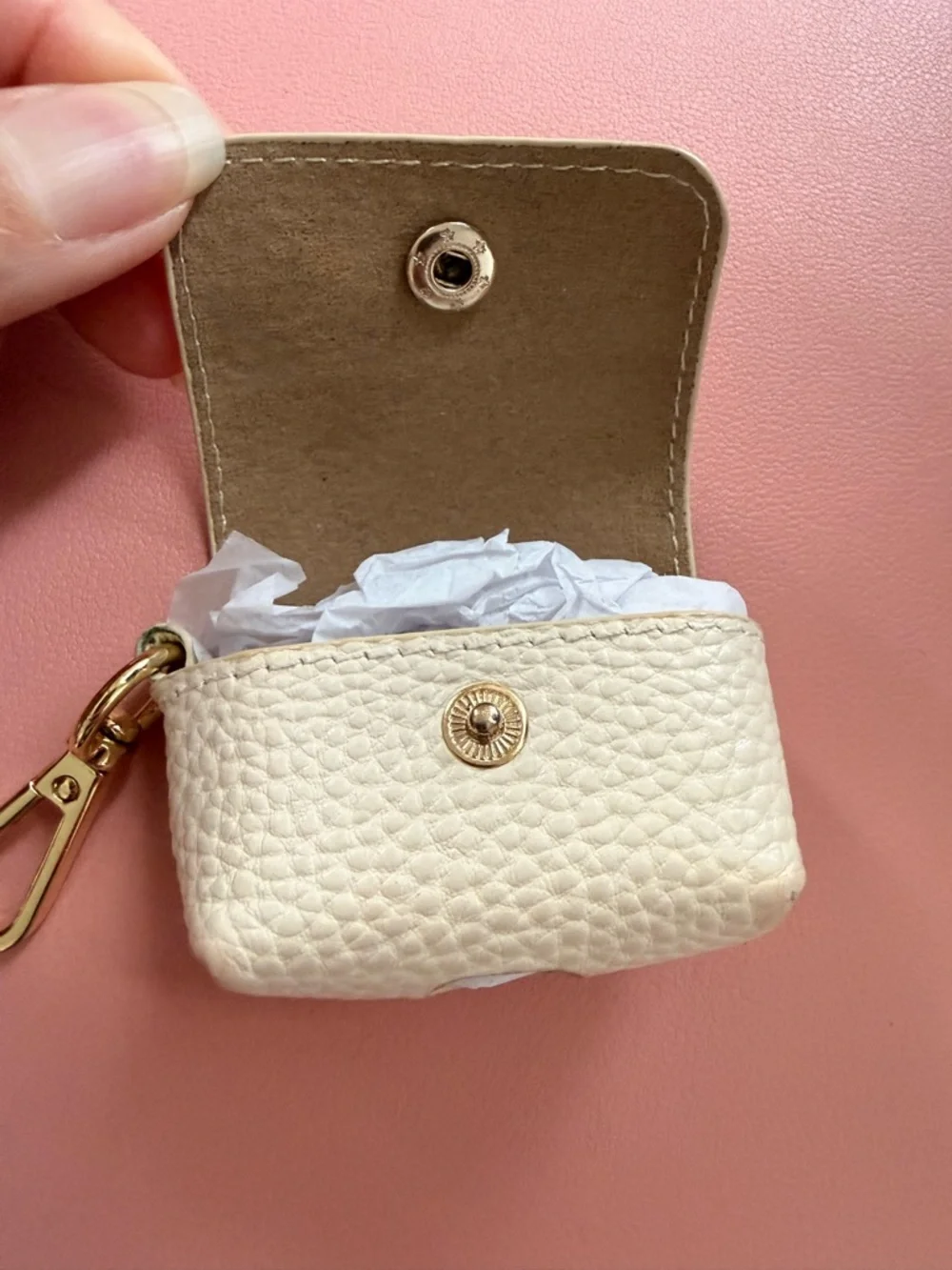 White Pebbled Leather Keychain Pouch with Gold Hardware